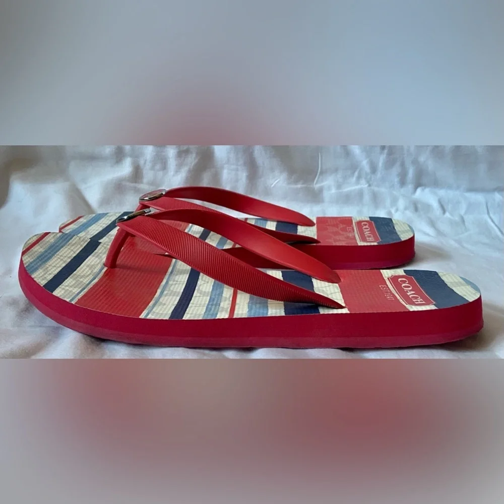 Coach Red, White & Blue Striped Flip Flops With Logo Button Detail Size 7 - Picture 2 of 5